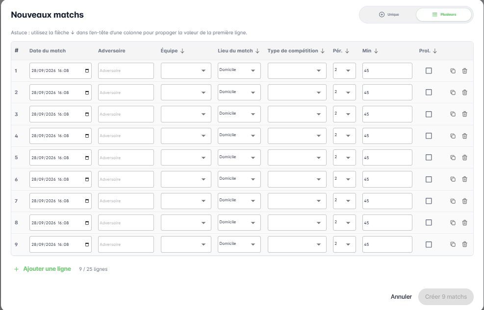 coach 360 - Gestion des matchs 3 Création de plusieurs matchs en une fois dans Coach360