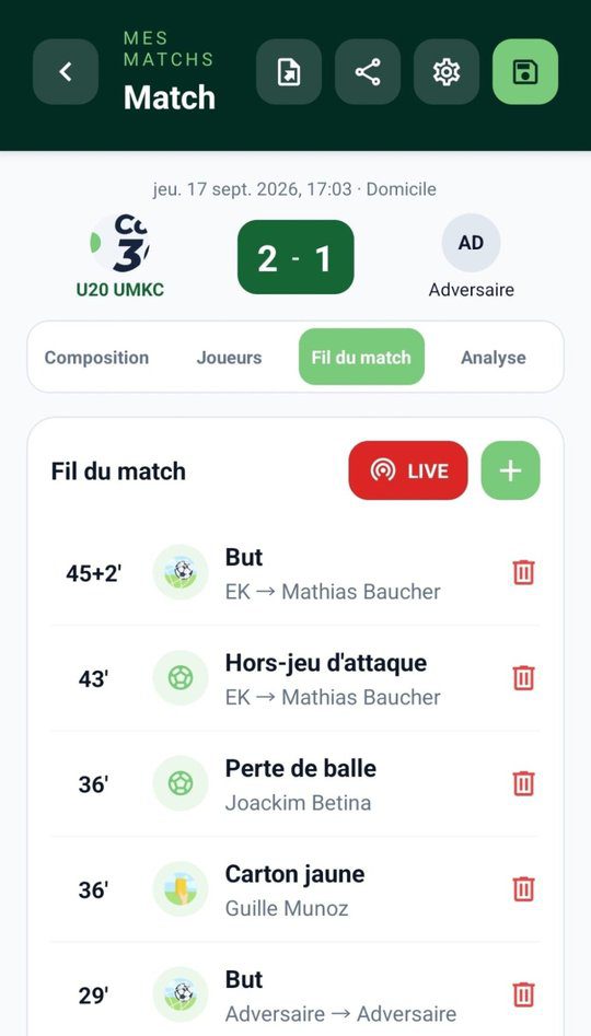 coach 360 - Gestion des matchs 5 Fil du match en direct sur l'application mobile Coach360