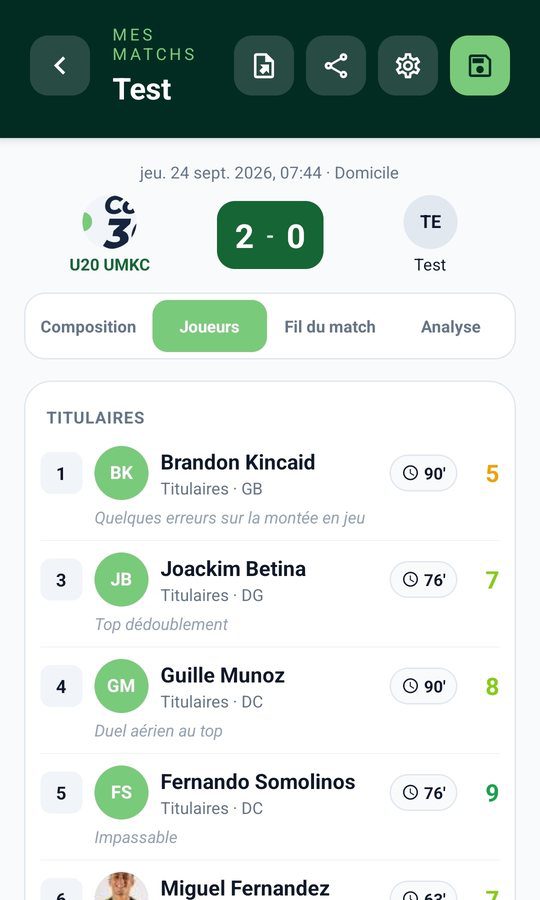 coach 360 - Gestion des matchs 12 Notes des joueurs sur mobile
