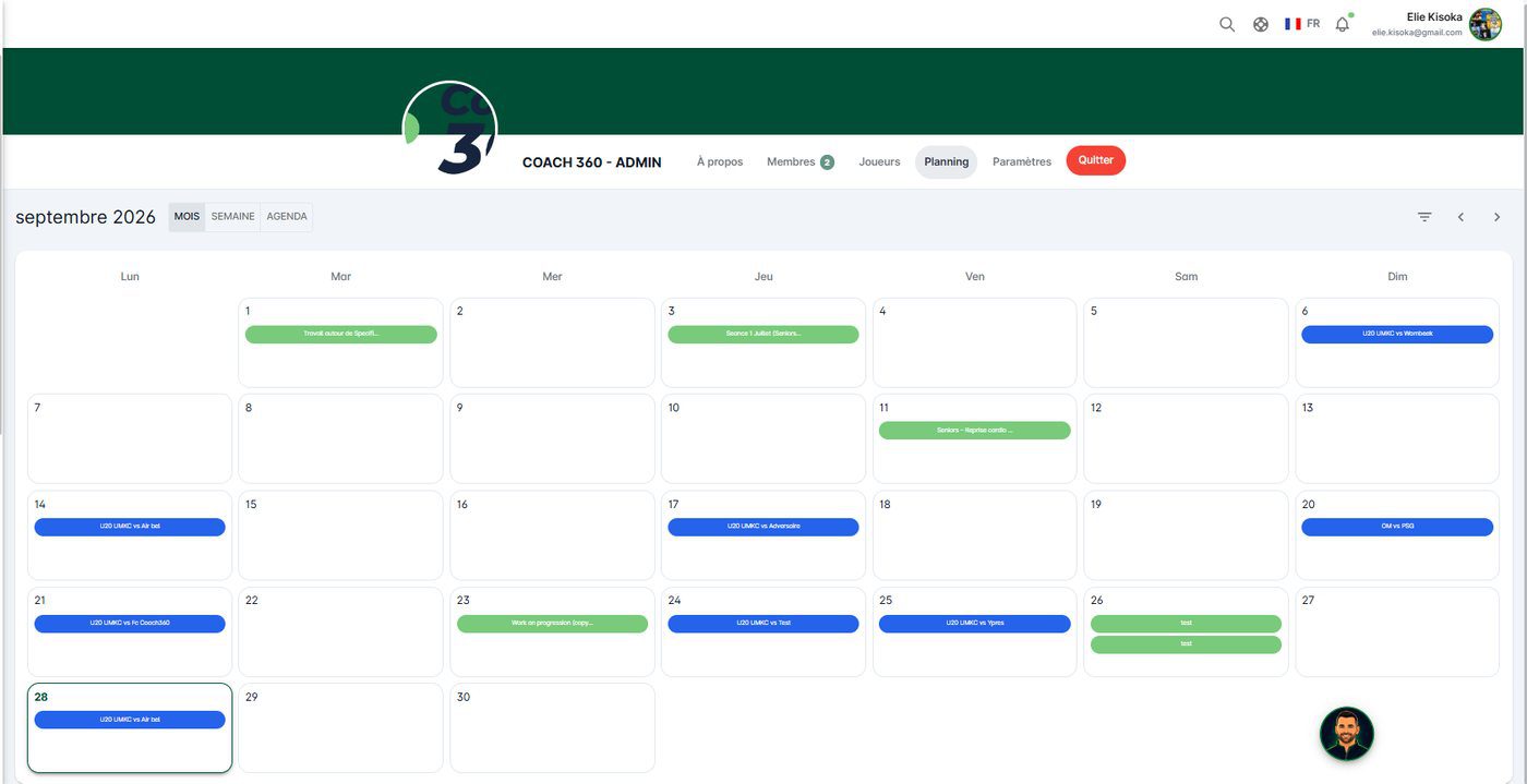 coach 360 - Gestion des matchs 9 Planning des matchs et entraînements dans Coach360