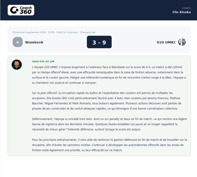 coach 360 - Gestion des matchs 7 Analyse d'un match rédigée par Jim, l'assistant IA de Coach360